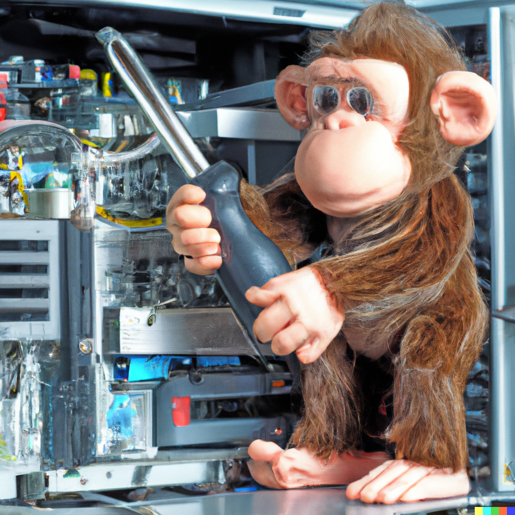 Ein niedlicher Affe repariert mit einem Schraubenzieher eine defekte USV Anlage.
