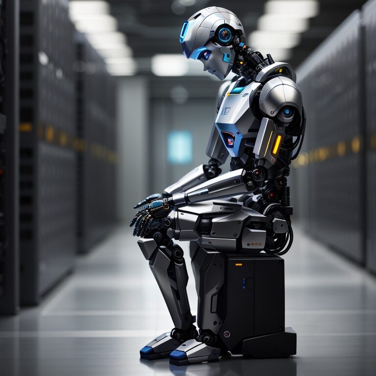 Noch kein Bedarf an Künstlicher Intelligenz (KI). Ein gelangweilter Roboter sitzt vor Servern in einem Rechenzentrum.