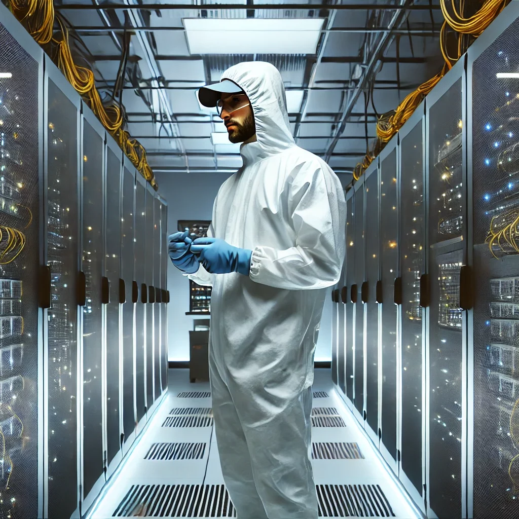 Antistatische Kleidung in Rechenzentren oder Serverräumen Techniker in antistatischer Kleidung in einem Rechenzentrum. Dieses Bild veranschaulicht die typische Arbeitsumgebung und die Schutzmaßnahmen, die getroffen werden, um die empfindliche Hardware vor statischer Elektrizität zu schützen.