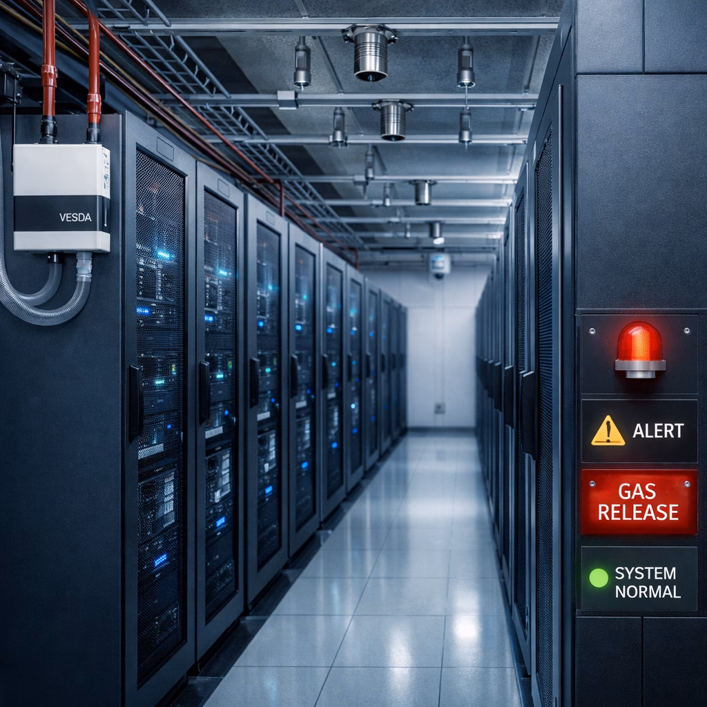 Modernes Rechenzentrum mit Serverracks und integrierter Brandschutztechnik wie VESDA-Rauchansaugmeldern und Gaslöschdüsen in einem sicheren Serverraum.