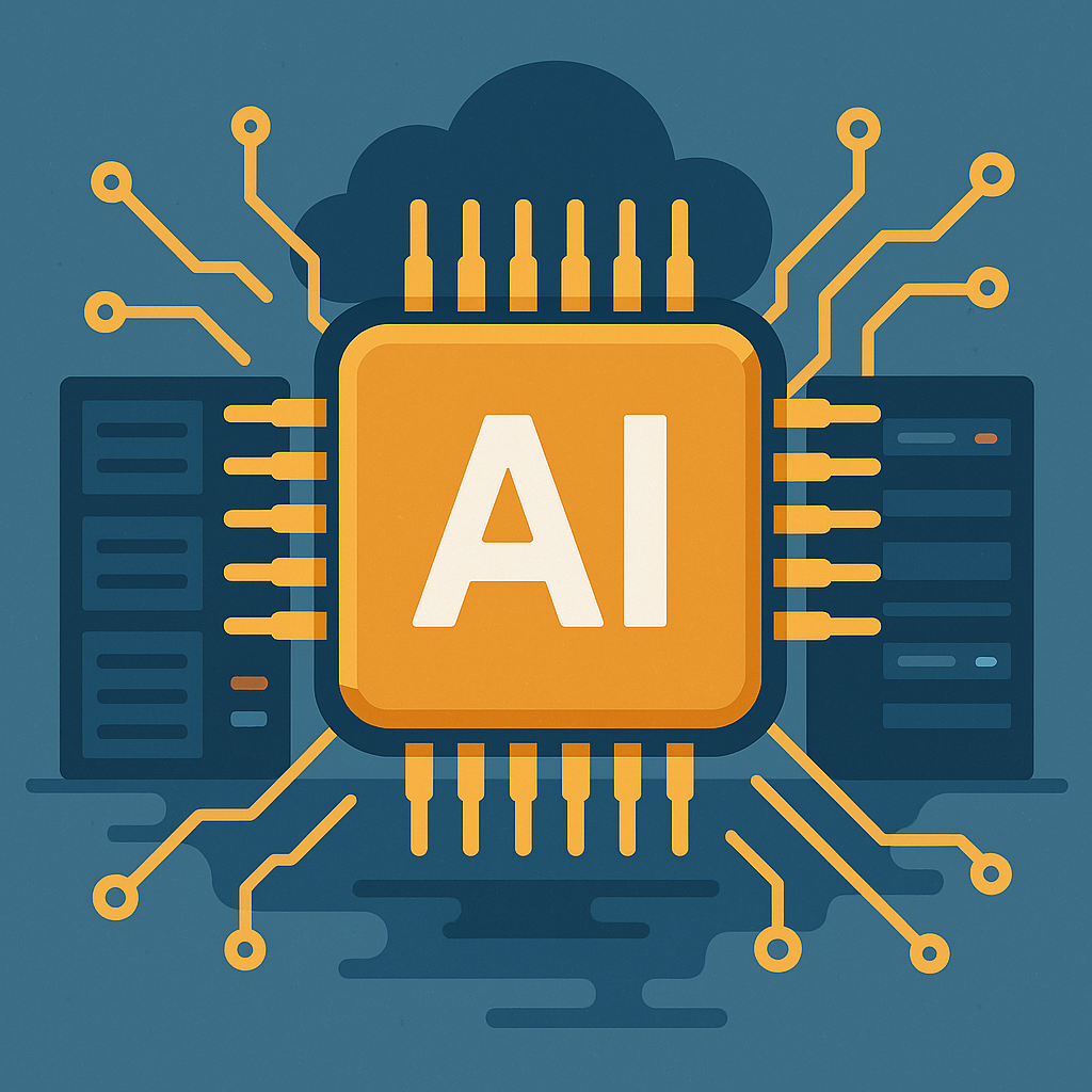 Symbolgrafik einer zentralen KI-Recheneinheit: Ein stilisierter, orangefarbener Mikrochip mit der Aufschrift „AI“ ist mittig platziert, umgeben von abstrakten Leiterbahnen, angedeuteten Serverracks und einer angedeuteten Cloud im Hintergrund – Darstellung des Zusammenspiels von Künstlicher Intelligenz, Rechenzentren und Cloud-Infrastruktur.