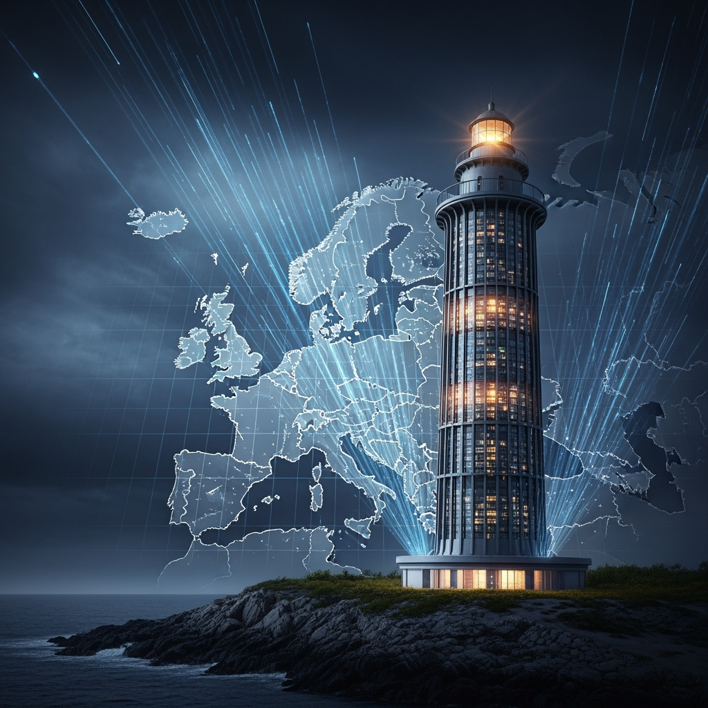 Visualisierung eines modernen Rechenzentrums in Form eines Leuchtturms auf einer europäischen Küste, mit digitaler Europakarte im Hintergrund und leuchtenden Datenstrahlen als Symbol für Konnektivität und digitale Souveränität.