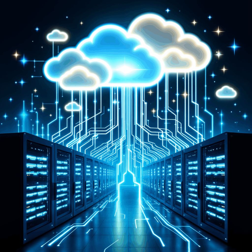 Futuristische digitale Illustration eines Colocation-Rechenzentrums als Knotenpunkt der Hybrid-Cloud-Konnektivität: leuchtende Serverracks mit blauen LEDs, aus denen Glasfaser-Datenströme in stilisierte Wolken fließen. Symbol für sichere, vernetzte und nachhaltige IT-Infrastruktur.