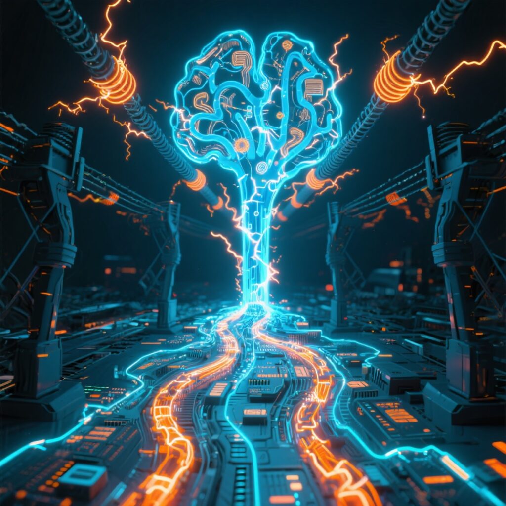Digitale Illustration eines neuronalen Netzwerks in Form eines leuchtenden Gehirns, das über Stromleitungen mit Energie versorgt wird – Symbol für den hohen Energiebedarf von Künstlicher Intelligenz.