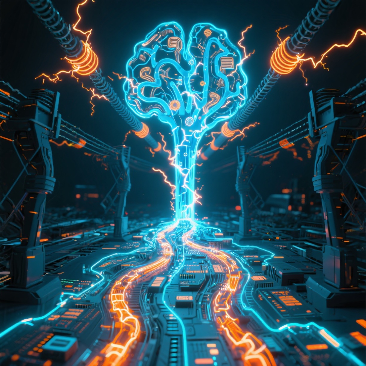 Digitale Illustration eines neuronalen Netzwerks in Form eines leuchtenden Gehirns, das über Stromleitungen mit Energie versorgt wird – Symbol für den hohen Energiebedarf von Künstlicher Intelligenz.