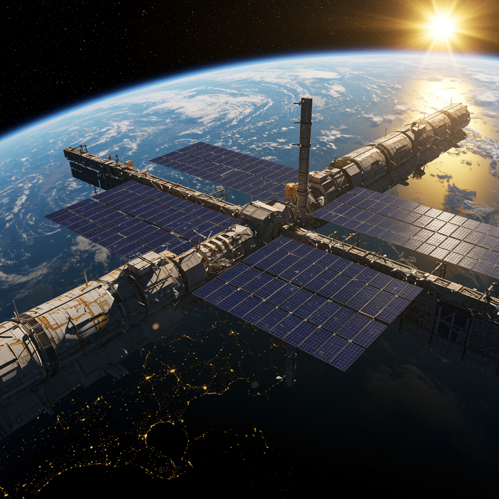 Futuristisches orbitales Rechenzentrum mit großflächigen Solarpaneelen über der Erde bei Sonnenaufgang – Konzept für solarbetriebene Datacenter im All