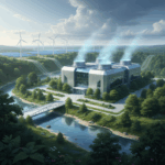 Illustration eines modernen Rechenzentrums inmitten grüner Landschaft mit Fluss, Windrädern und Solaranlagen im Hintergrund – Symbolbild für Energie- und Wasserverbrauch sowie nachhaltige Stromversorgung von Datacentern.