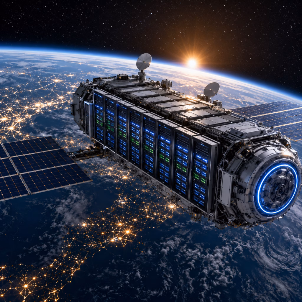Orbitale Rechenzentrumsplattform mit Servermodulen und Solarpaneelen im Erdorbit als Illustration für zukünftige KI-Infrastruktur.